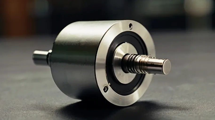 Encoder rotativo metálico com eixo aparente sobre superfície escura