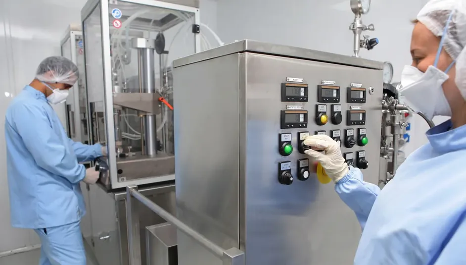 Técnicos de jaleco e touca em sala limpa industrial
