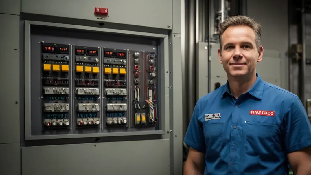 Técnico diante de painel de comando elétrico